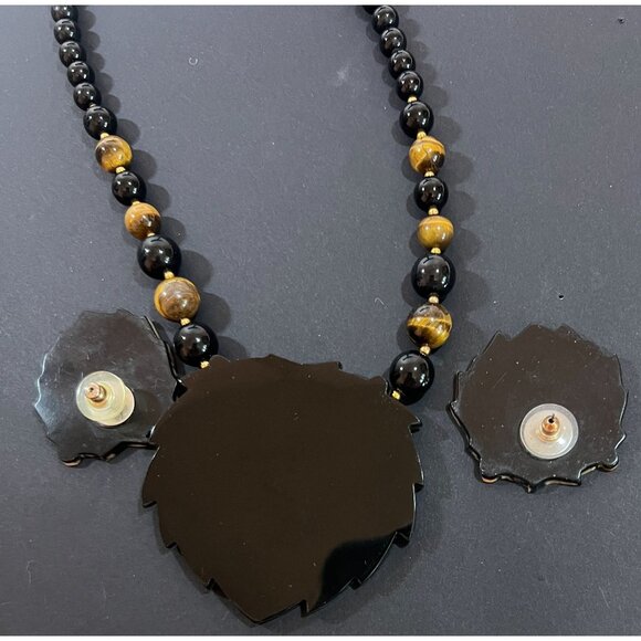 Lee Sands MOP Abalone Mosaic Lion Necklace Earrings Set on Onyx Tigers Eye Beads - Picture 6 of 8